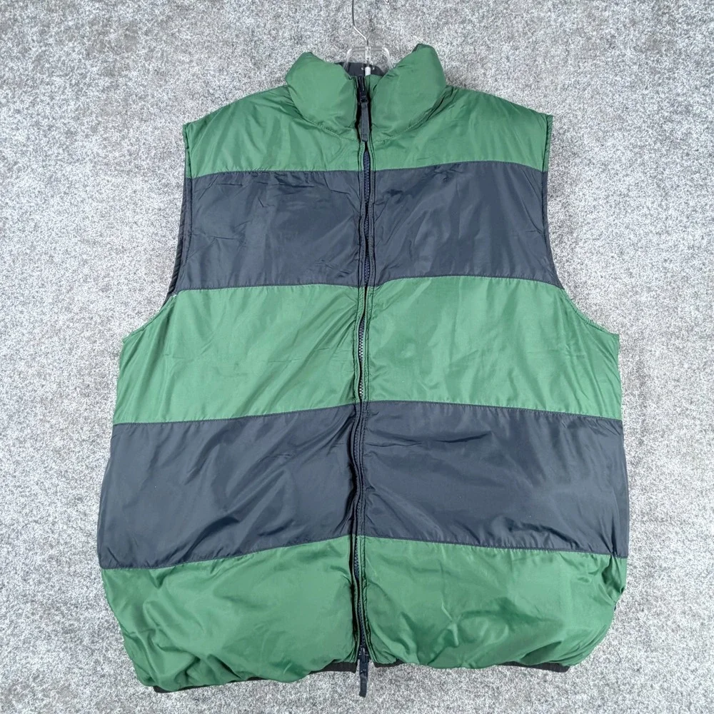 Cremieux Reversible Puffer Down Vest Mens L Navy Green Striped Full Zip‎ Up